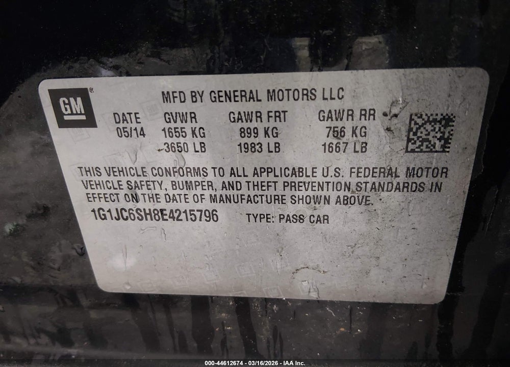 2014 CHEVROLET SONIC LT AUTO VIN: 1G1JC6SH8E4215796