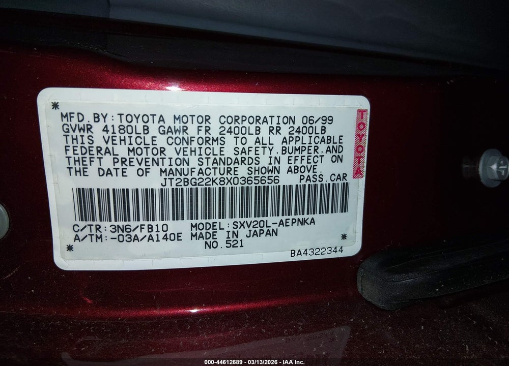 1999 TOYOTA CAMRY LE VIN: JT2BG22K8X0365656