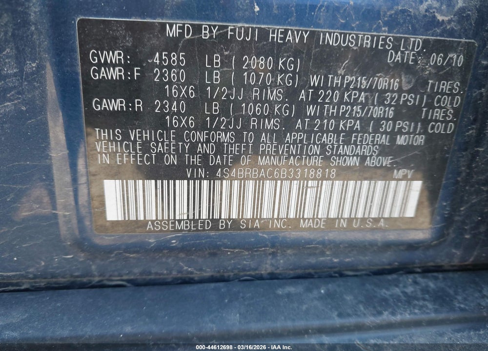 2011 SUBARU OUTBACK 2.5I VIN: 4S4BRBAC6B3318818