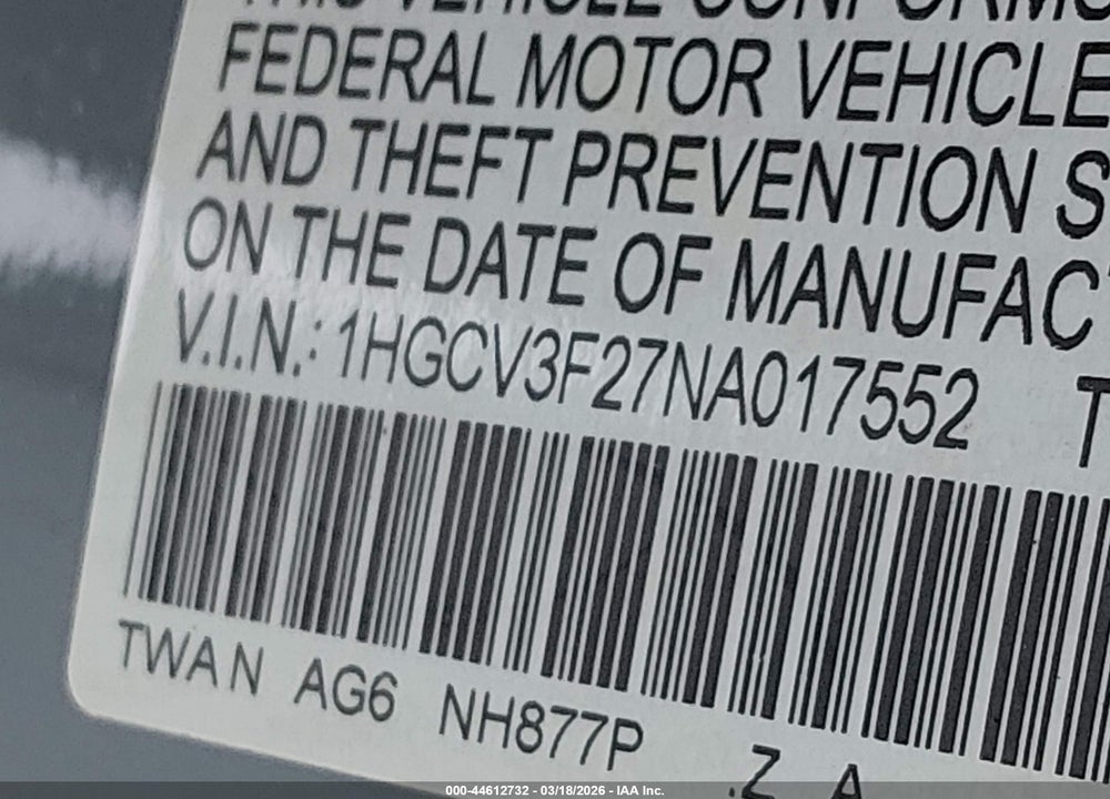 2022 HONDA ACCORD HYBRID SPORT VIN: 1HGCV3F27NA017552