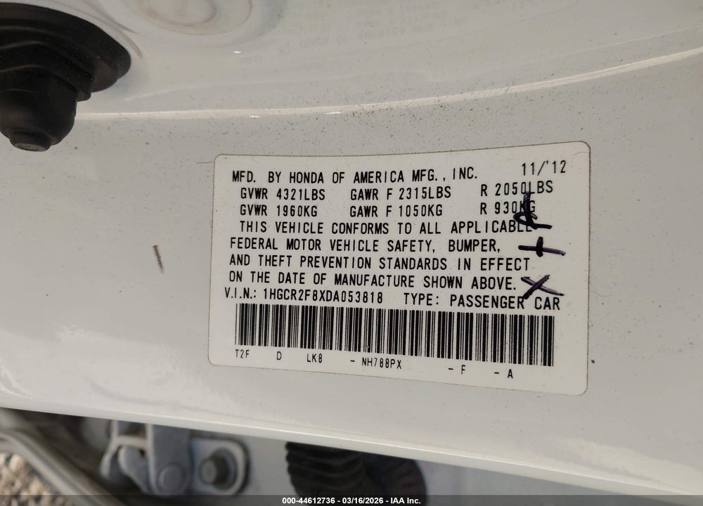 2013 HONDA ACCORD EX-L VIN: 1HGCR2F8XDA053818