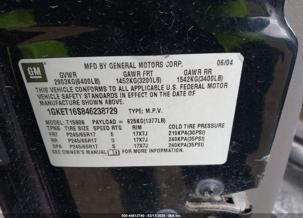 2004 GMC ENVOY XL SLE VIN: 1GKET16S846238729