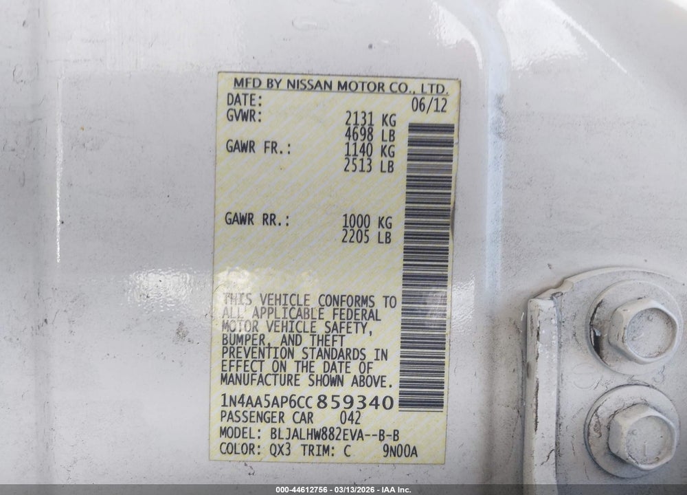 2012 NISSAN MAXIMA 3.5 SV VIN: 1N4AA5AP6CC859340