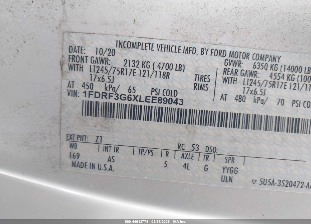 2020 FORD F-350 CHASSIS XL VIN: 1FDRF3G6XLEE89043