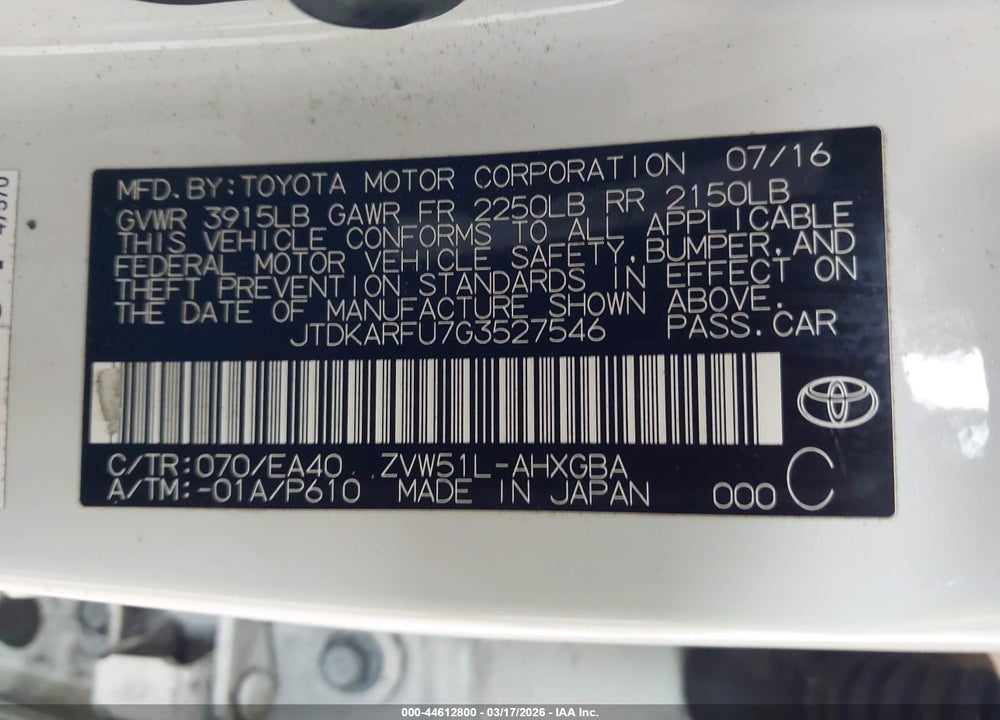 2016 TOYOTA PRIUS FOUR VIN: JTDKARFU7G3527546