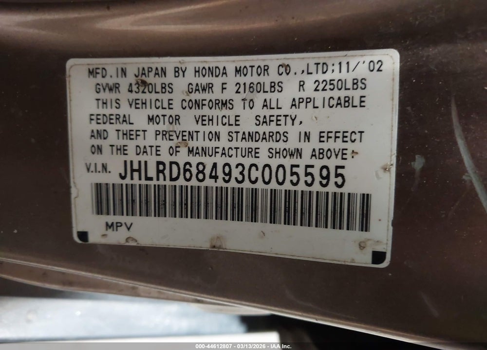 2003 HONDA CR-V LX VIN: JHLRD68493C005595