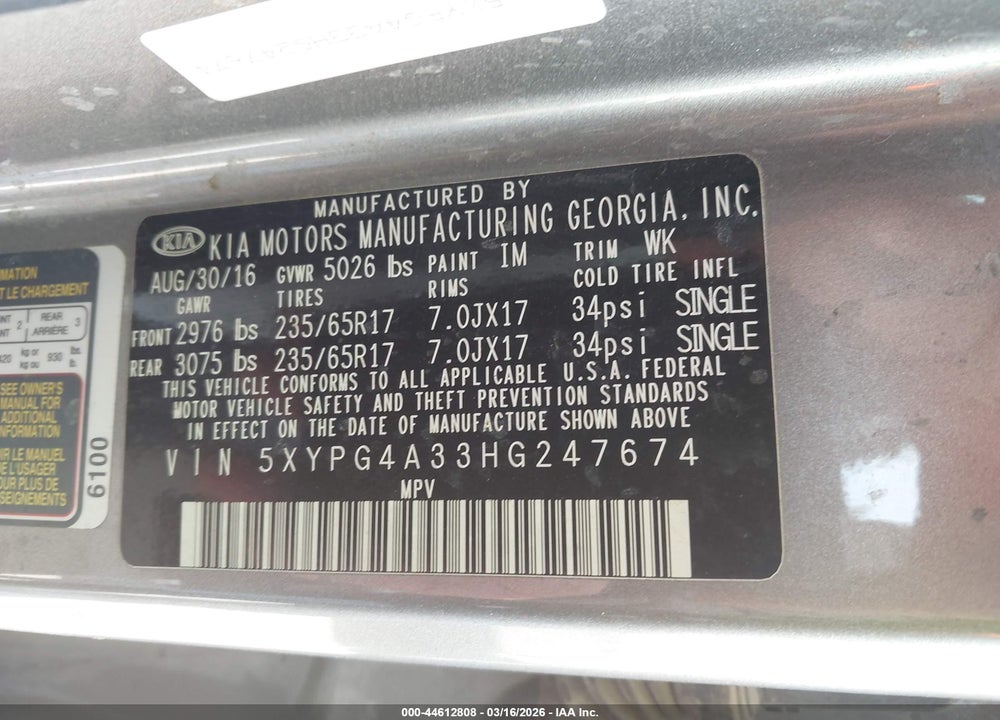 2017 KIA SORENTO 2.4L L VIN: 5XYPG4A33HG247674
