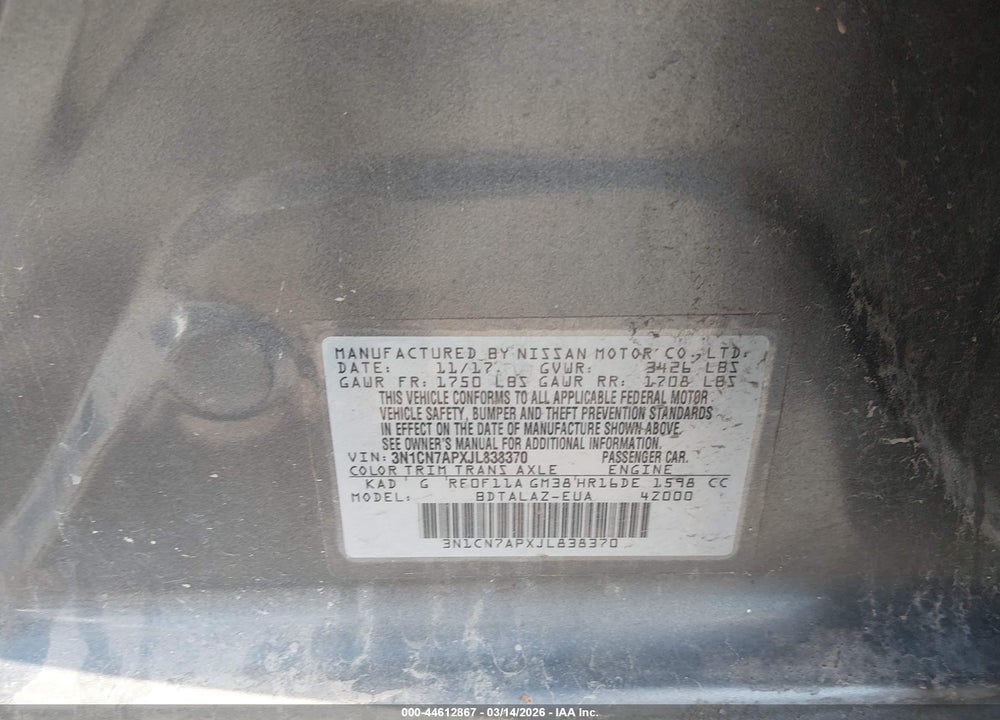 2018 NISSAN VERSA 1.6 S+ VIN: 3N1CN7APXJL838370