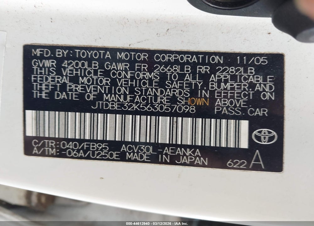 2006 TOYOTA CAMRY LE/SE/STD/XLE VIN: JTDBE32K563057098