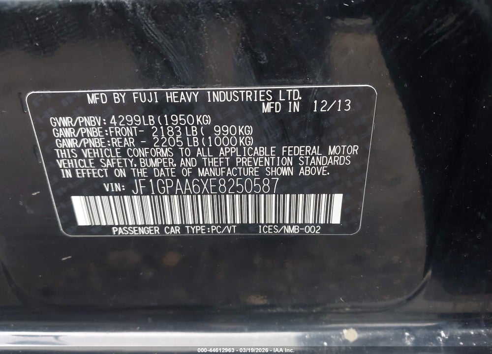 2014 SUBARU IMPREZA 2.0I VIN: JF1GPAA6XE8250587