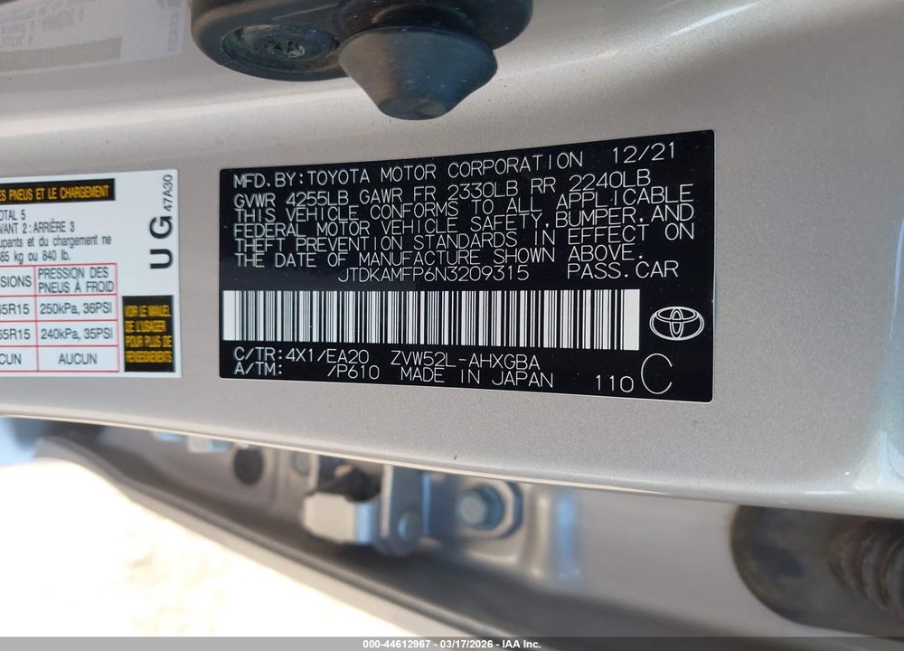 2022 TOYOTA PRIUS PRIME XLE VIN: JTDKAMFP6N3209315