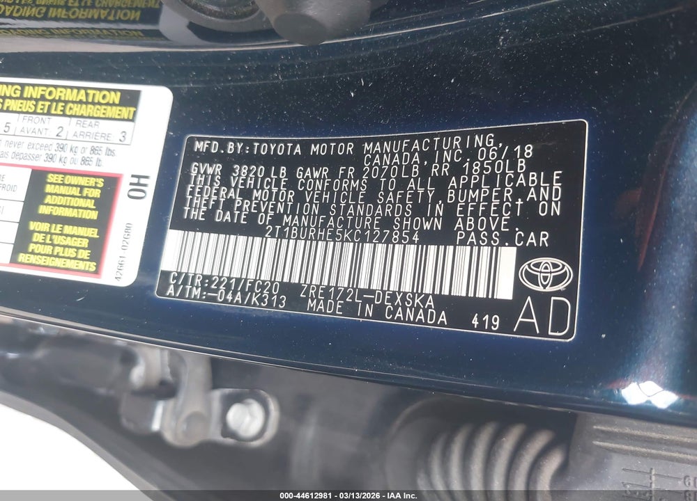 2019 TOYOTA COROLLA SE VIN: 2T1BURHE5KC127854