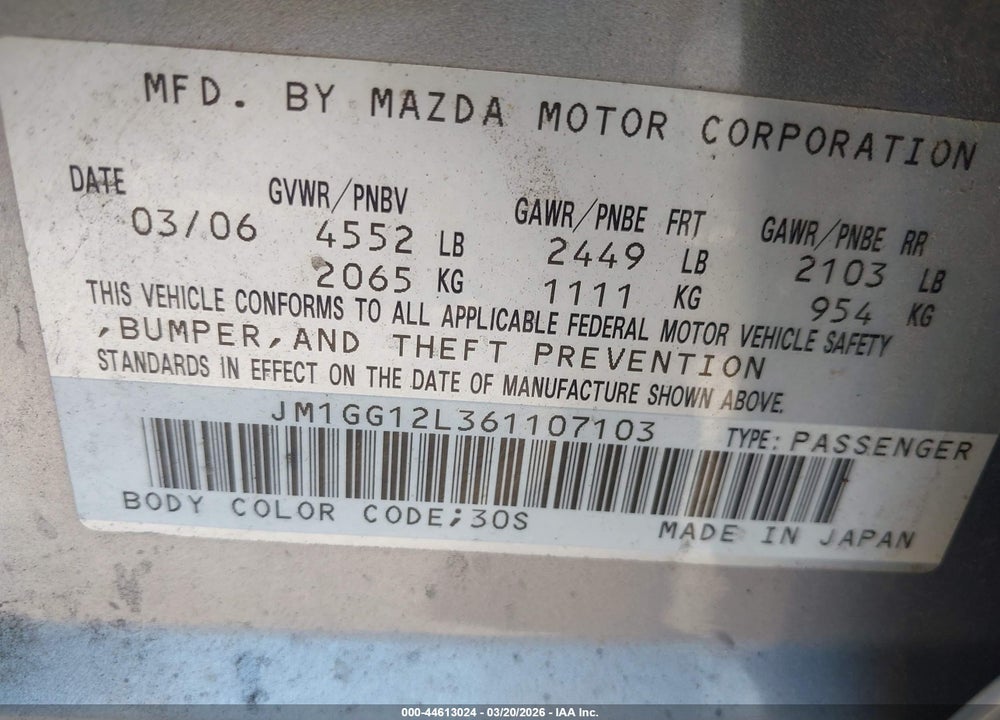 2006 MAZDA SPEED6 SPORT VIN: JM1GG12L361107103