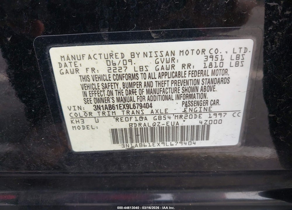2009 NISSAN SENTRA 2.0 VIN: 3N1AB61EX9L679404