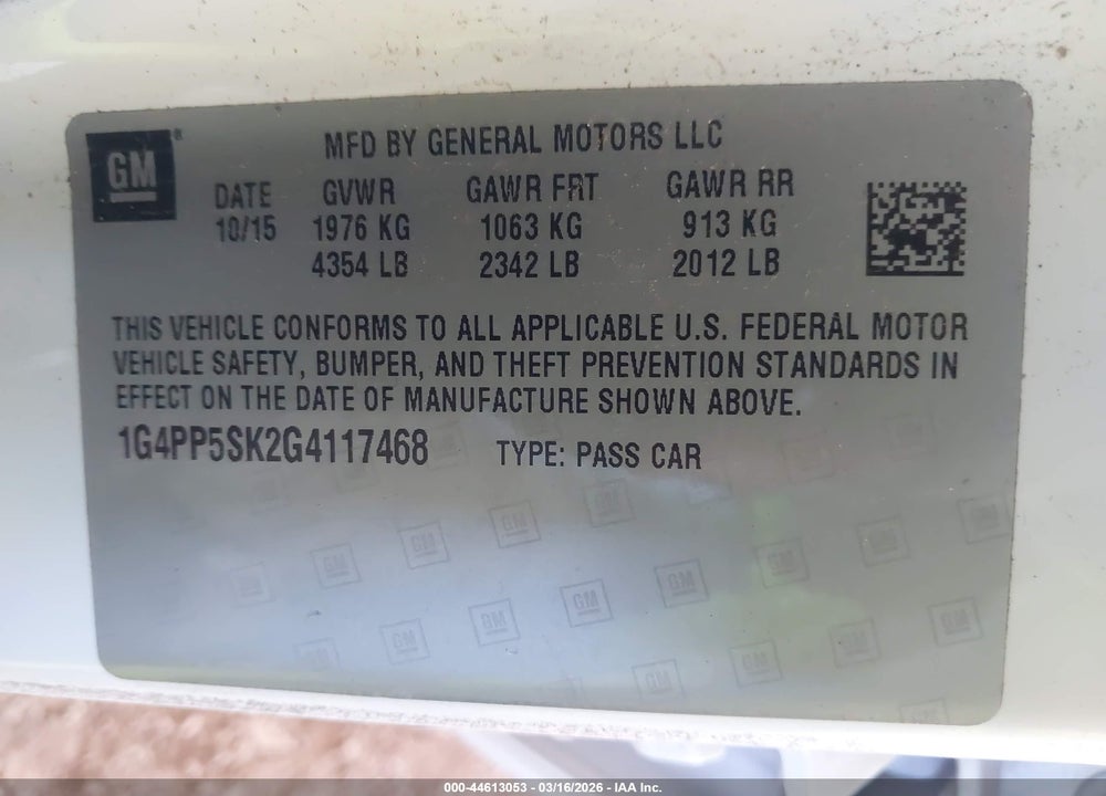 2016 BUICK VERANO VIN: 1G4PP5SK2G4117468