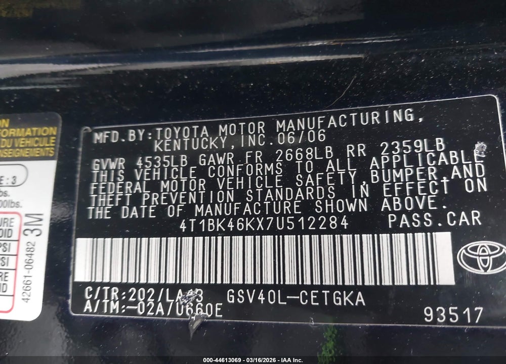 2007 TOYOTA CAMRY XLE V6 VIN: 4T1BK46KX7U512284
