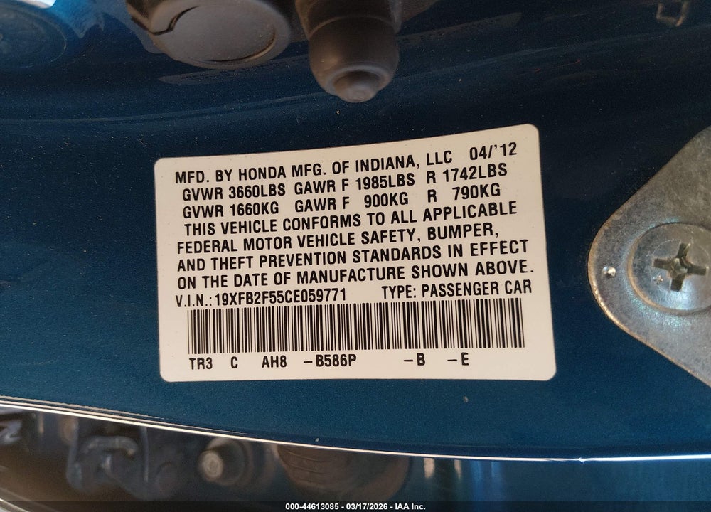 2012 HONDA CIVIC LX VIN: 19XFB2F55CE059771