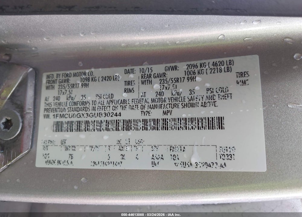 2016 FORD ESCAPE SE VIN: 1FMCU0GX3GUB30244
