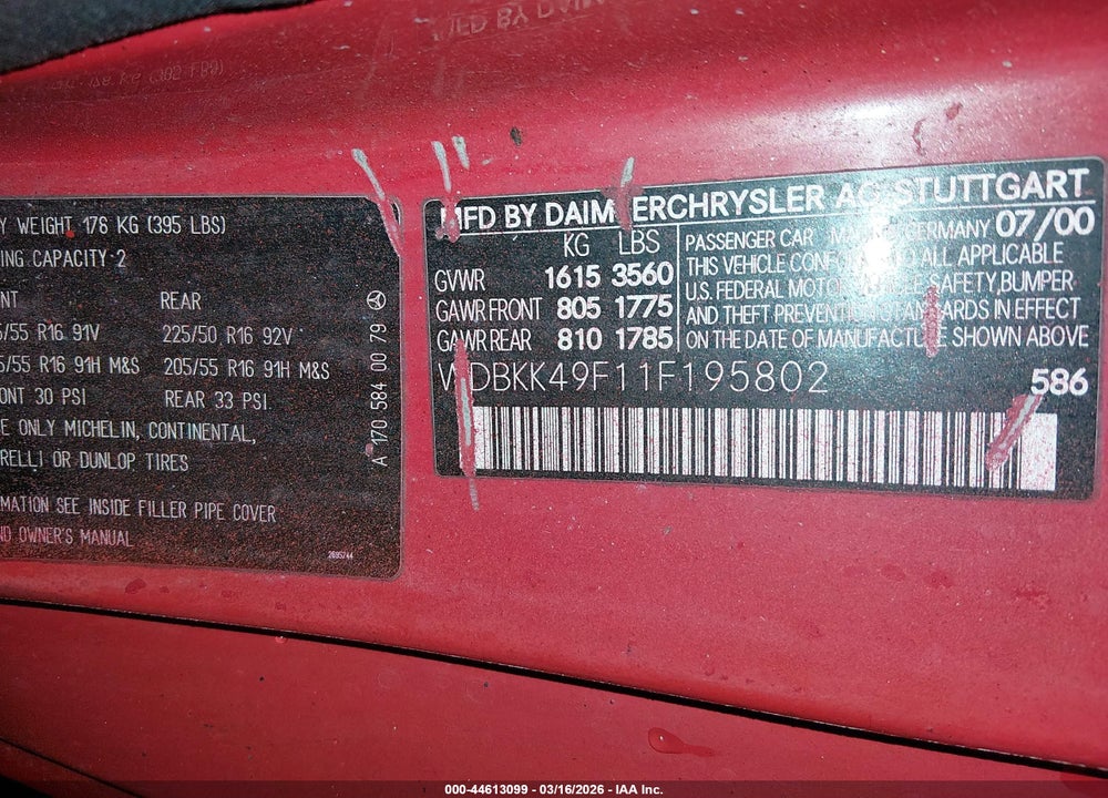 2001 MERCEDES-BENZ SLK 230 KOMPRESSOR VIN: WDBKK49F11F195802