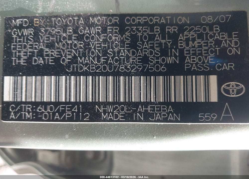 2008 TOYOTA PRIUS VIN: JTDKB20U783297506
