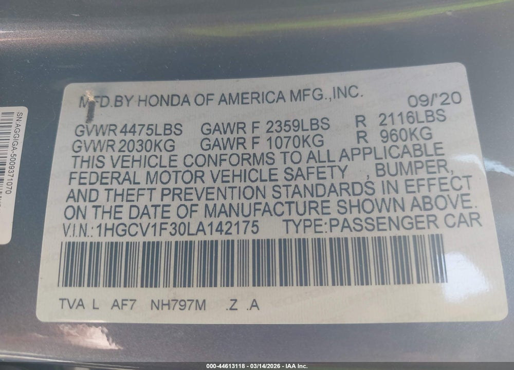 2020 HONDA ACCORD SPORT VIN: 1HGCV1F30LA142175
