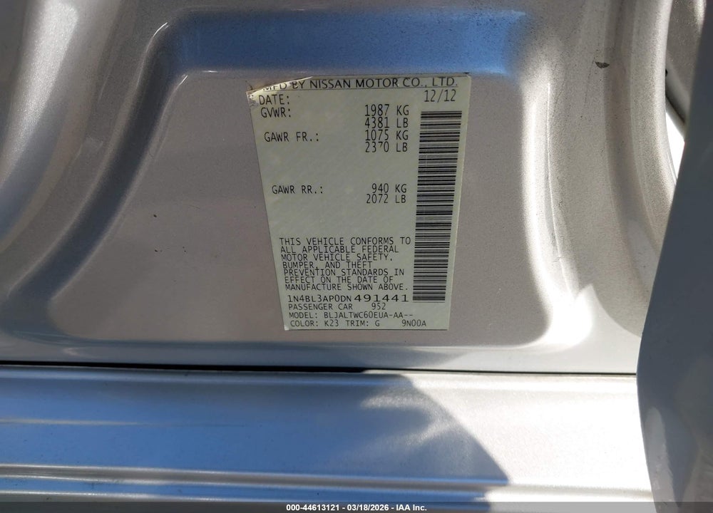 2013 NISSAN ALTIMA 3.5 SV VIN: 1N4BL3AP0DN491441
