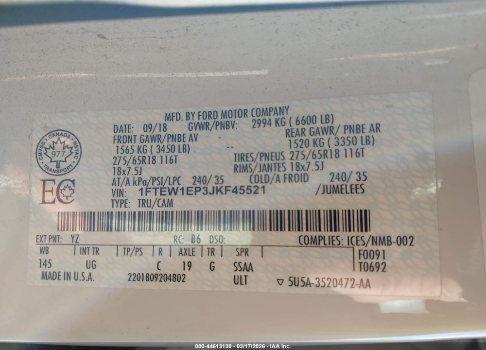 2018 FORD F-150 XLT VIN: 1FTEW1EP3JKF45521
