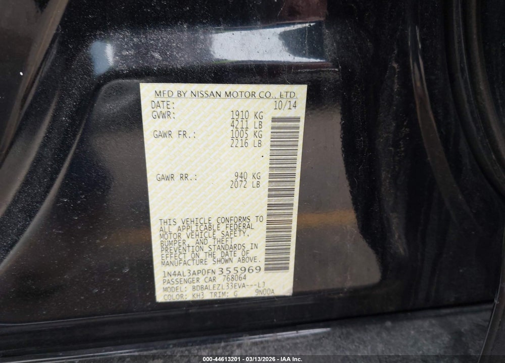 2015 NISSAN ALTIMA 2.5 S VIN: 1N4AL3AP0FN355969