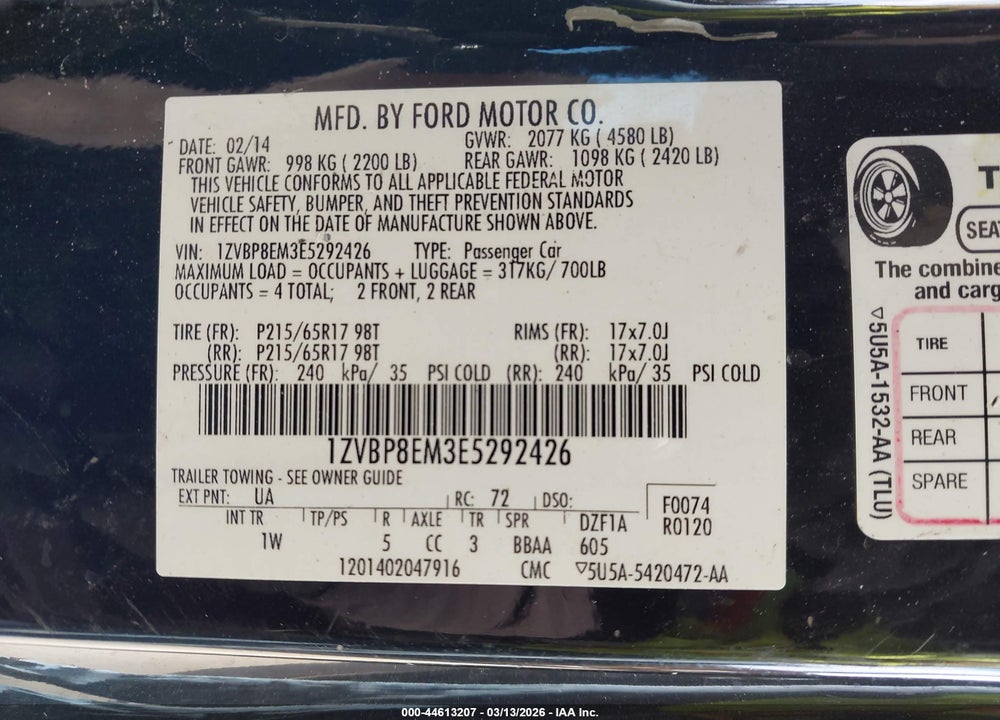 2014 FORD MUSTANG V6 VIN: 1ZVBP8EM3E5292426