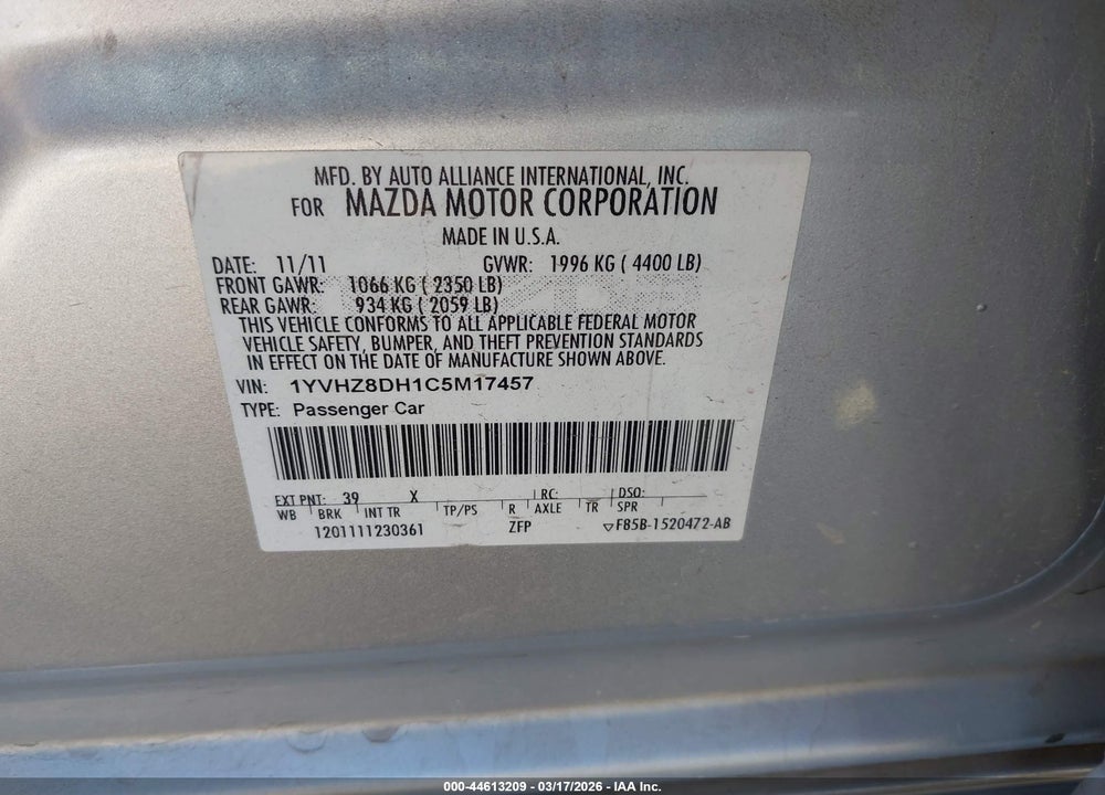 2012 MAZDA 6 I TOURING VIN: 1YVHZ8DH1C5M17457