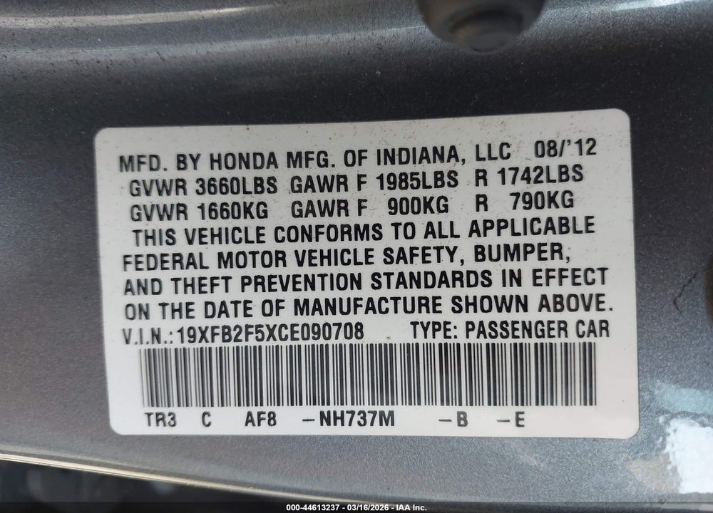 2012 HONDA CIVIC LX VIN: 19XFB2F5XCE090708