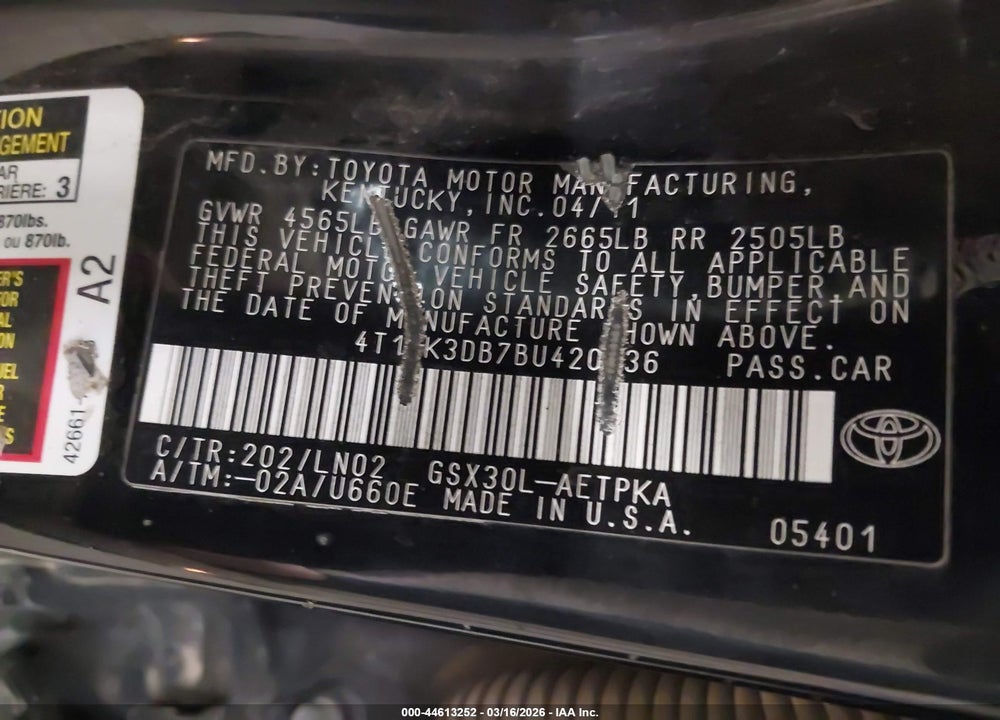 2011 TOYOTA AVALON LIMITED VIN: 4T1BK3DB7BU420636