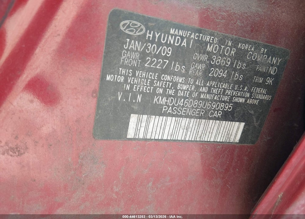 2009 HYUNDAI ELANTRA GLS VIN: KMHDU46D89U690895