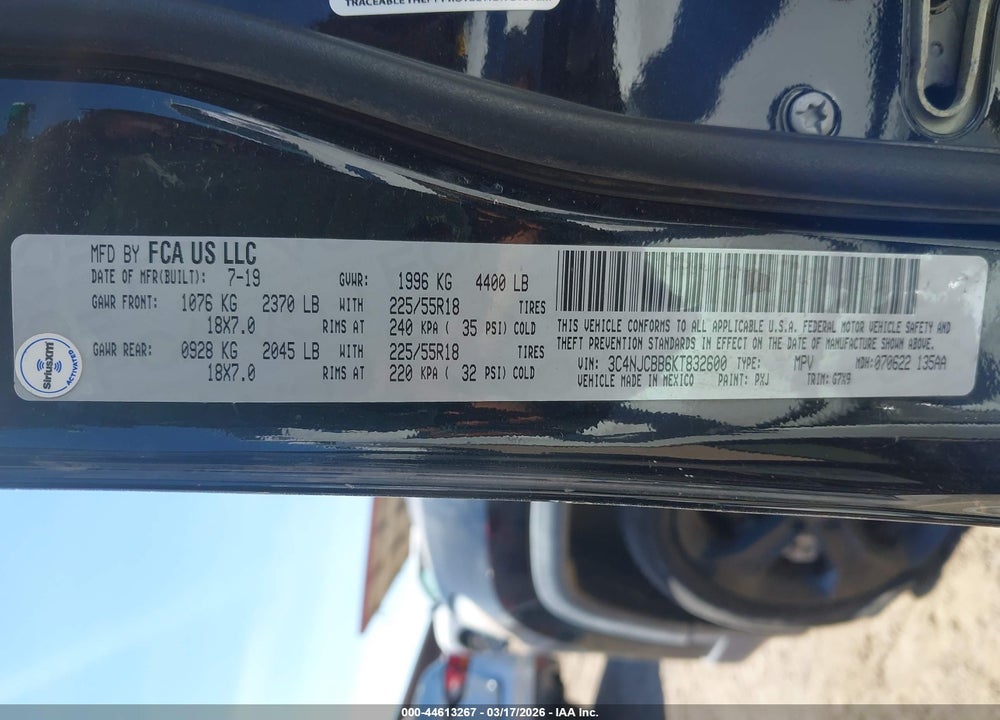 2019 JEEP COMPASS ALTITUDE FWD VIN: 3C4NJCBB6KT832600