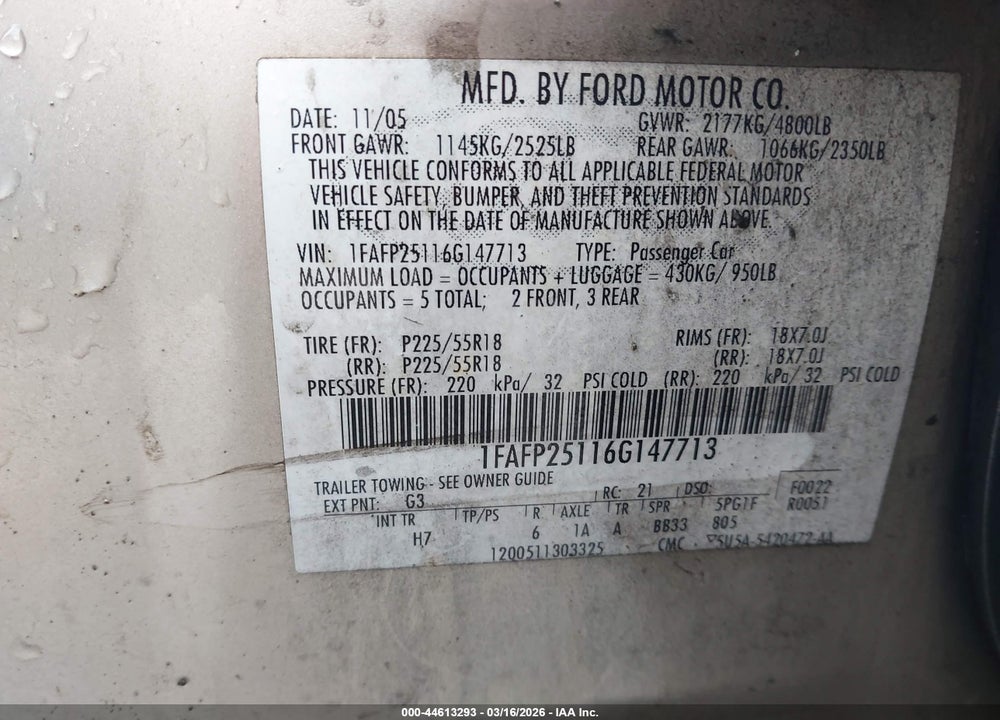 2006 FORD FIVE HUNDRED LIMITED VIN: 1FAFP25116G147713