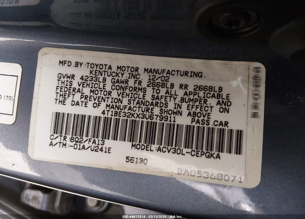 2003 TOYOTA CAMRY XLE VIN: 4T1BE32KX3U679911