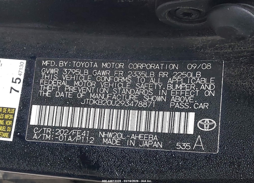 2009 TOYOTA PRIUS VIN: JTDKB20U293478871