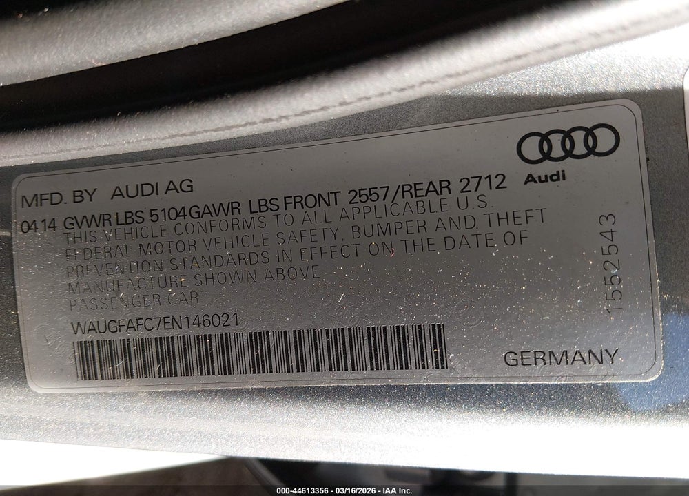 2014 AUDI A6 2.0T PREMIUM VIN: WAUGFAFC7EN146021