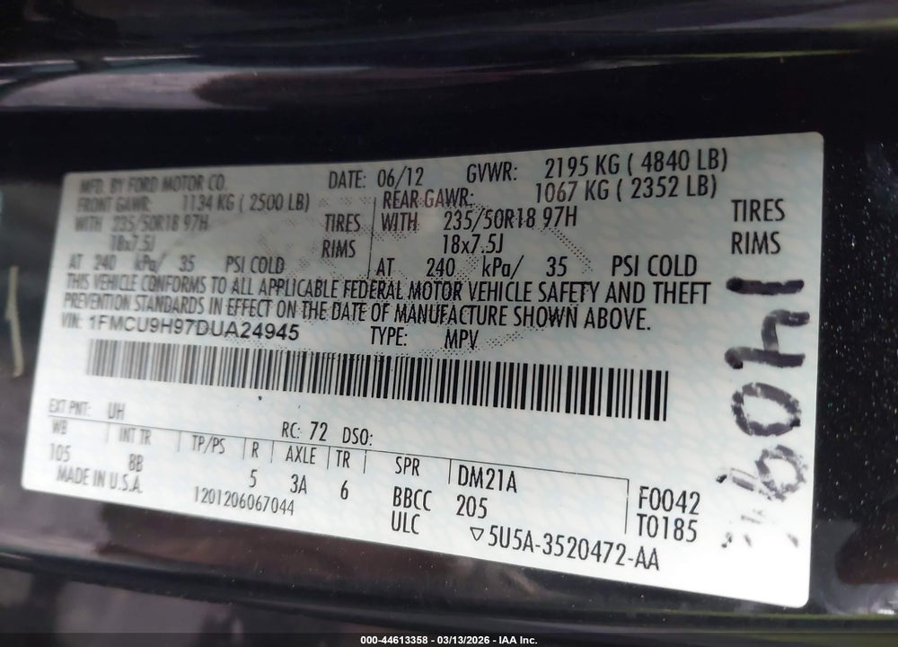 2013 FORD ESCAPE SEL VIN: 1FMCU9H97DUA24945