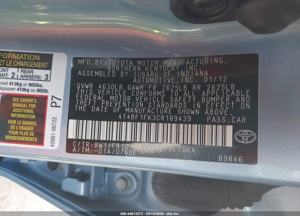 2012 TOYOTA CAMRY XLE VIN: 4T4BF1FK3CR189439