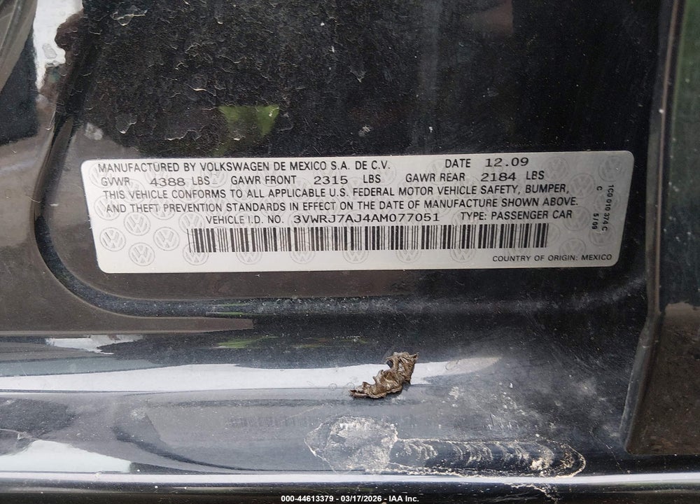2010 VOLKSWAGEN JETTA WOLFSBURG EDITION VIN: 3VWRJ7AJ4AM077051