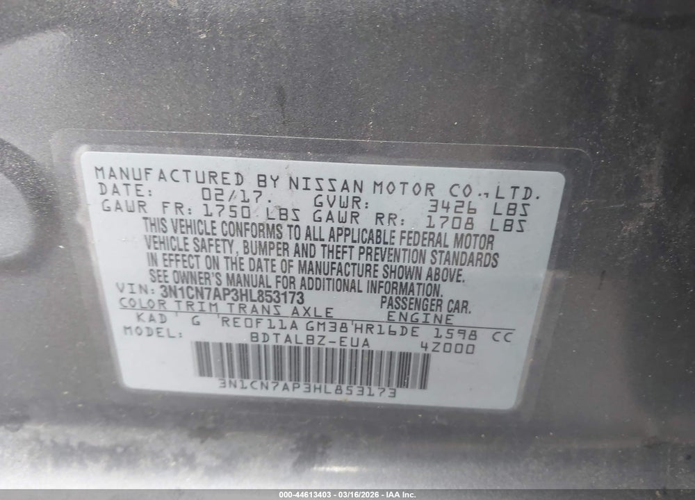 2017 NISSAN VERSA 1.6 SV VIN: 3N1CN7AP3HL853173