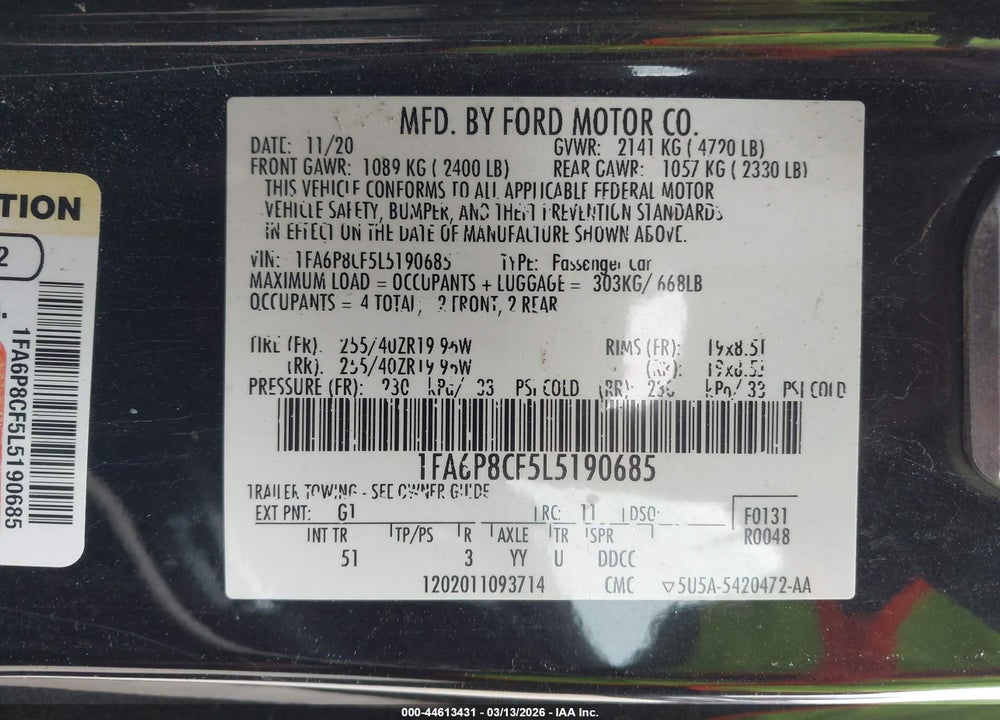 2020 FORD MUSTANG GT PREMIUM FASTBACK VIN: 1FA6P8CF5L5190685