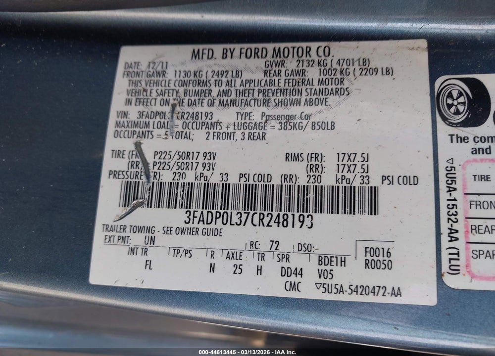 2012 FORD FUSION HYBRID VIN: 3FADP0L37CR248193