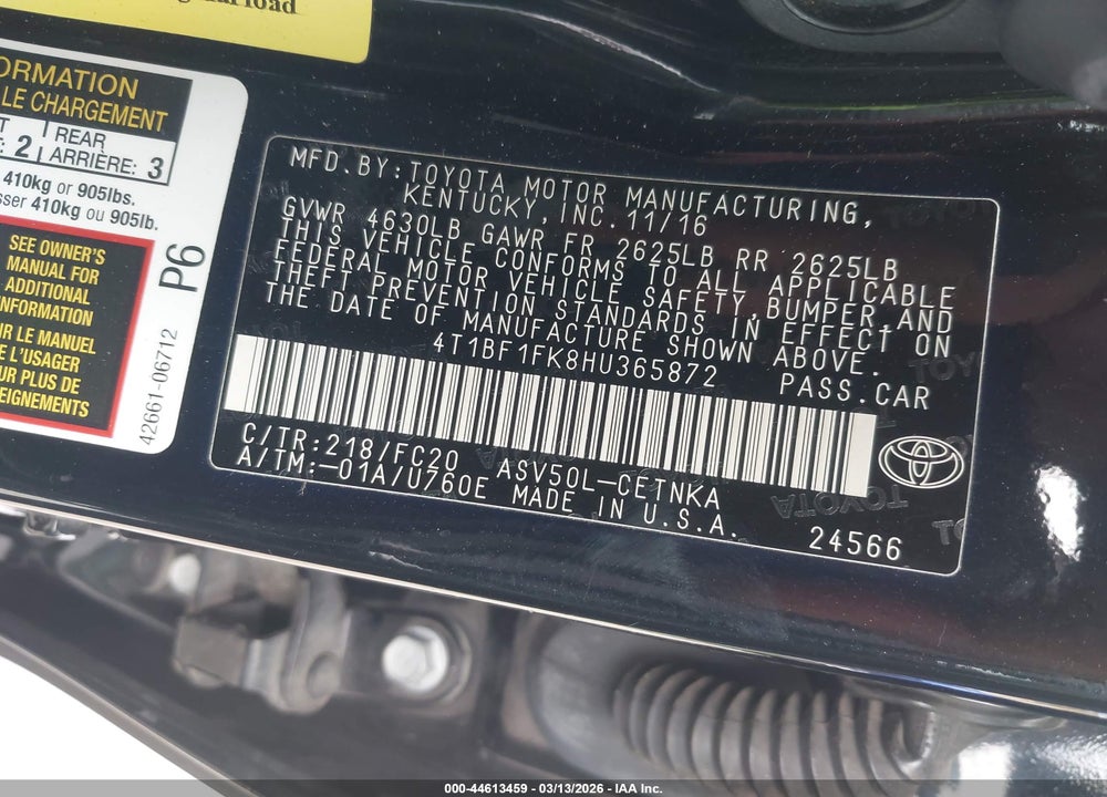 2017 TOYOTA CAMRY LE VIN: 4T1BF1FK8HU365872