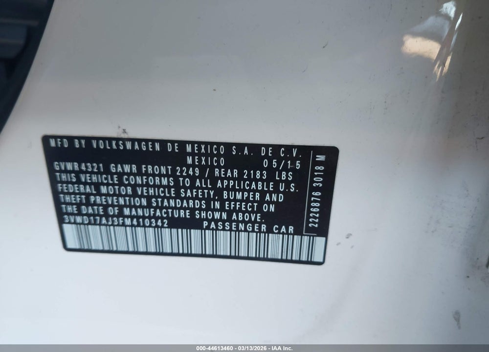2015 VOLKSWAGEN JETTA 1.8T SPORT VIN: 3VWD17AJ3FM410342