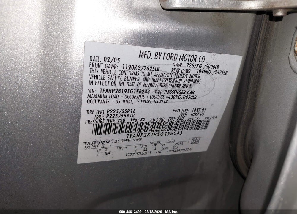 2005 FORD FIVE HUNDRED LIMITED VIN: 1FAHP28195G156243