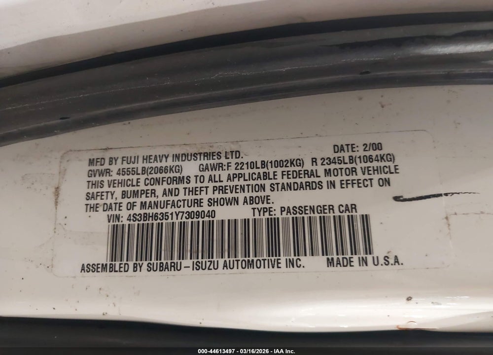2000 SUBARU LEGACY L VIN: 4S3BH6351Y7309040