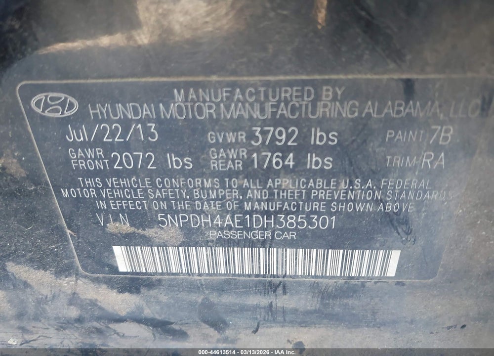 2013 HYUNDAI ELANTRA GLS VIN: 5NPDH4AE1DH385301