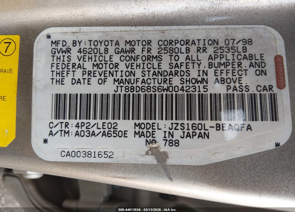 1998 LEXUS GS 300 VIN: JT8BD68S6W0042315